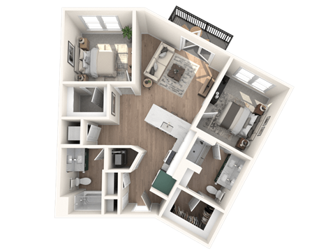 A 3D floor plan of a house with multiple rooms and furniture.